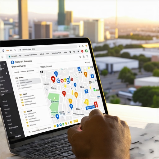 Business owner analyzing local SEO rankings for Reno on a laptop with cityscape background