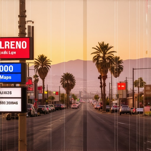 Night cityscape of Reno with focus on local businesses and digital map overlays