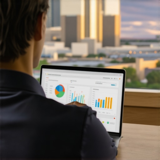 Person analyzing SEO analytics dashboard on a laptop with Reno cityscape in background