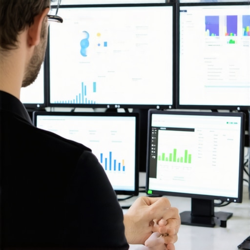 Digital marketer working with SEO analytics tools on dual screens showcasing local search metrics.