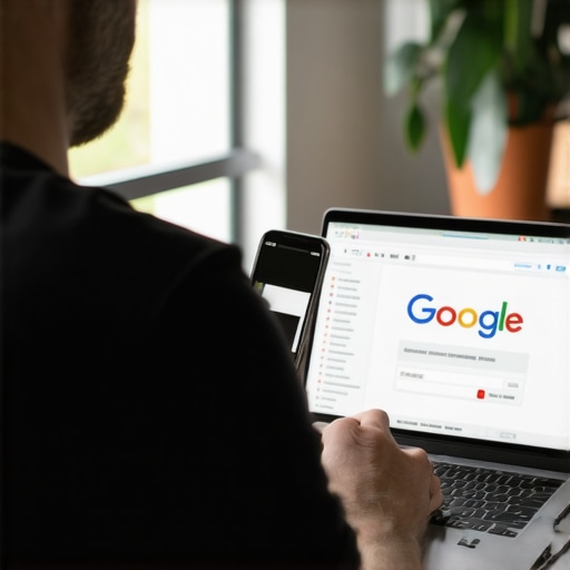 Optimizing Local SEO Profile Business owner working on Google My Business profile on smartphone and laptop