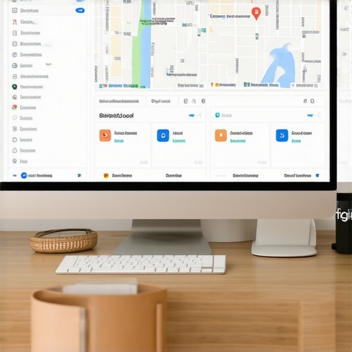 Desk with computer screens showing SEO dashboards for citation tracking and Google Search Console.