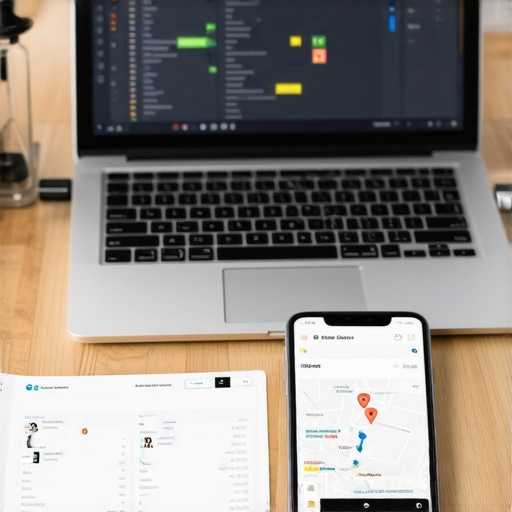 Person monitoring local search performance with SEO tools on a desktop and mobile device.