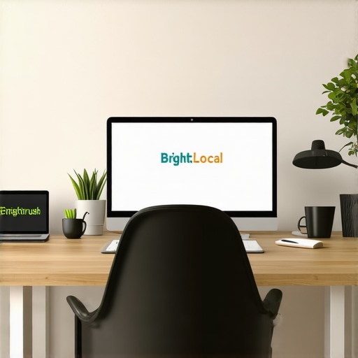 Screenshot of SEO management tools like SEMrush and BrightLocal on computer screens