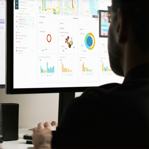 A person reviewing SEO analytics on multiple monitors, emphasizing maps and local search metrics.